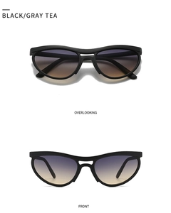 Front and top views of modern matte black cat eye sunglasses with gray tea gradient lenses