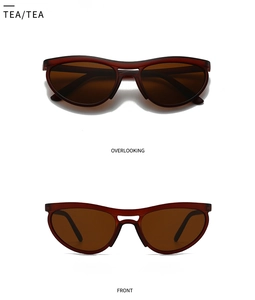 Detail view of modern tea-colored cat eye sunglasses with translucent frames and dark lenses