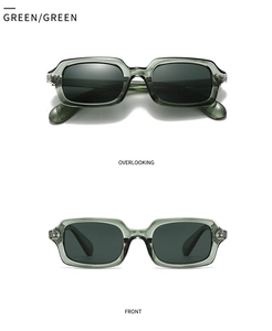 Vorder- und Draufsicht der stylischen grünen quadratischen Sonnenbrille mit dunklen Gläsern