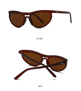 Detailed side and back view of retro cat eye sunglasses with translucent brown resin frames