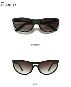 Detail view of matte green cat-eye sunglasses with brown gradient lenses in two angles