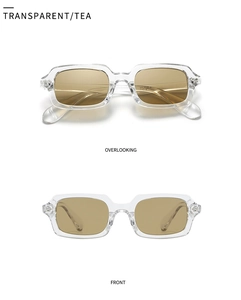 Detaillierte Vorder- und Draufsicht der transparenten, teefarbenen Rechteck-Sonnenbrille