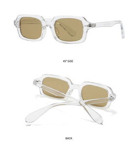 Detailansicht der transparenten Rechteck-Sonnenbrille mit braunen Gläsern von hinten und 45 Grad
