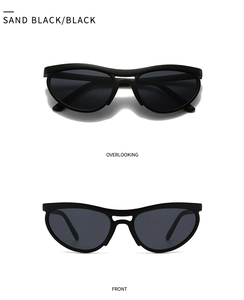 Front and overlooking views of matte black cat eye sunglasses with dark lenses