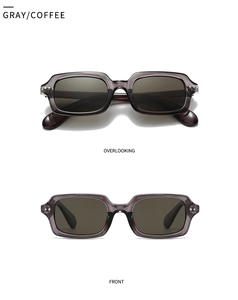 Graue und kaffeebraune quadratische Sonnenbrille in der Draufsicht und Frontansicht