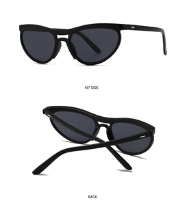 Modern cat eye sunglasses with thick black frames and dark grey lenses in split view