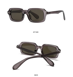 Makro-Seiten- und Rückansicht der quadratischen grauen Vintage-Sonnenbrille für Damen