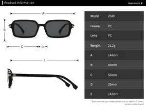 Detailed size chart for square sunglasses showing lens width and frame measurements