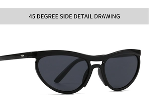45-degree side view showing the sleek cat-eye frame and temple detail of black sunglasses
