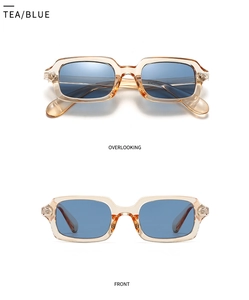 Vorder- und Draufsicht der bernsteinfarbenen rechteckigen Sonnenbrille mit blauen Gläsern