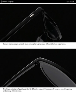 Macro detail of glossy black cat-eye sunglasses with reinforced metal hinges and frame texture