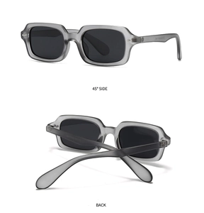 Detailansichten der quadratischen Sonnenbrille mit grauem Rahmen und dunklen Gläsern