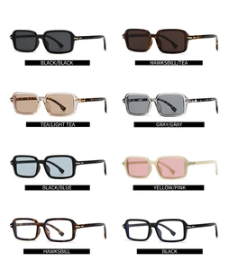 Grid of modern square sunglasses in various colors including tortoiseshell and black frames