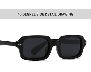 Detailansicht der schwarzen quadratischen Sonnenbrille mit Metallnieten im 45-Grad-Winkel