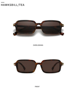Front and top view of retro rectangular tortoiseshell sunglasses with gold arrow hinges