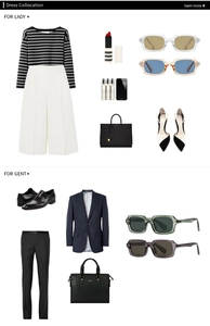 Flatlay trendiger quadratischer Sonnenbrillen mit schicken Mode-Outfits für Damen und Herren