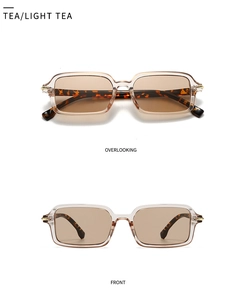 Front and top views of rectangular sunglasses in light tea tint and tortoise temples