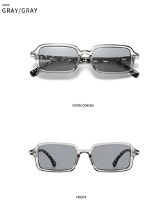 Detail view of modern grey square sunglasses with transparent frames and metal hinges