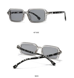 Detail views showing 45-degree side and back fold of gray rectangle sunglasses