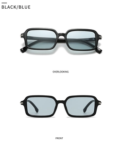 Front and top view of square black frame sunglasses with light blue lenses