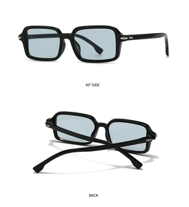 Detail view showing the 45-degree side and back of square black sunglasses with blue lenses