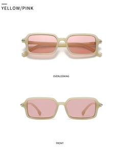 Detail of yellow rectangular sunglasses with pink lenses from front and top views