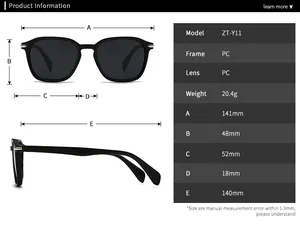 Detailed size chart for retro square sunglasses showing frame dimensions and weight details
