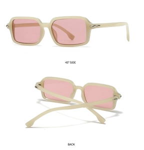 Detail view of cream rectangle sunglasses with pink lenses from 45-degree and back angles