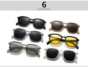 Flat lay of square frame sunglasses showing six trendy color options in high quality