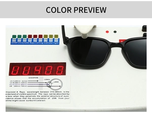 Detail view of black frame sunglasses showing UV400 protection on a testing device