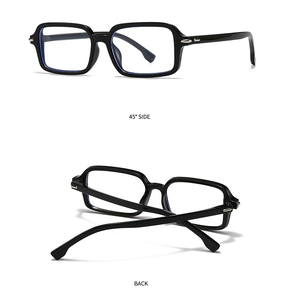 Detail view of black square frame sunglasses with silver rivets from side and back angles