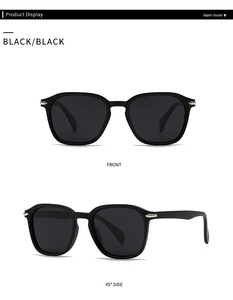 Front and side view of square black sunglasses with silver arrow detail on temples