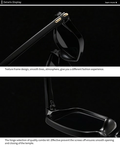 Close-up of sleek black square sunglasses frame and durable metal reinforced hinges