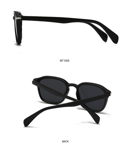 90 degree side and back view of retro square sunglasses with matte black frames