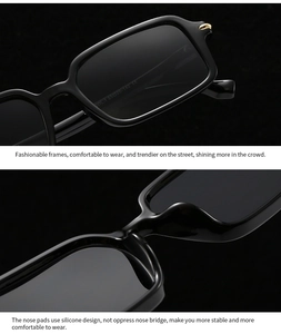 Close-up of integrated silicone nose pads and metal hinges on black square sunglasses