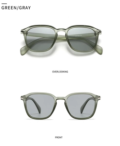 Front and top view of modern square sunglasses in green and gray matte finish