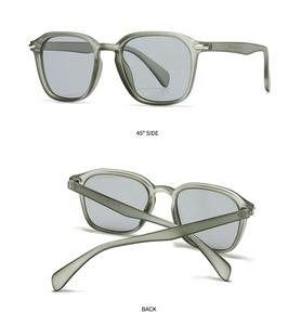 Detail view showing the 45-degree side and back of sage green matte square sunglasses