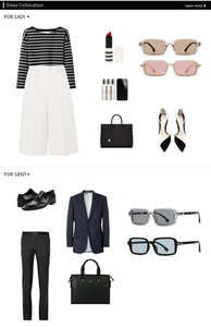 Flat lay of modern square sunglasses with professional business and casual fashion outfits
