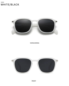 Front and top views of retro square sunglasses with matte white frames and black lenses