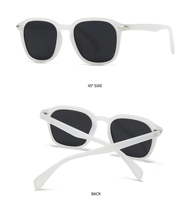Detail view of retro square white sunglasses with dark lenses and metal hinge accents