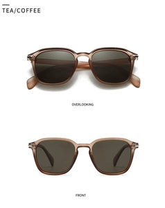 Front and top view of modern square sunglasses with translucent tea frames and grey lenses