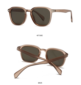 Detailed views of square translucent brown sunglasses with rivets and dark lenses