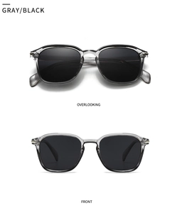 Detailed views of square transparent gray frame sunglasses with black lenses from two angles