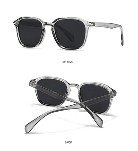 Modern square sunglasses with translucent gray frames and smoke lenses in side view