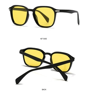 Detail view of square sunglasses with black frames and yellow lenses from 45 degree side and back