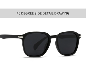 45-degree side view of black matte sunglasses with silver arrow metal hinge accents
