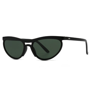 Modern cat eye sunglasses with black matte frame and dark lenses on white background
