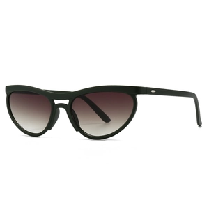 Modern cat-eye sunglasses with matte dark green frames and brown gradient lenses