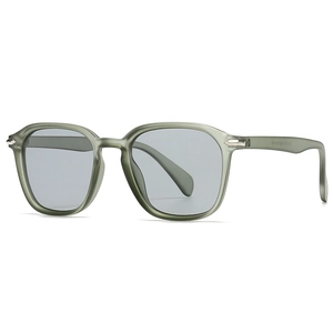 Modern retro square sunglasses with translucent grey frame and silver metal accents