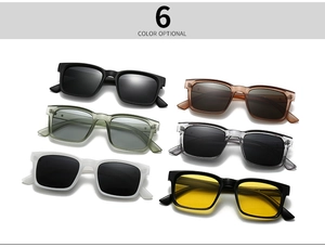Flache Darstellung der quadratischen Retro-Sonnenbrillen in sechs verschiedenen Farben